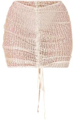 White Sheer Metallic Textured Ruched Front Micro Mini Skirt