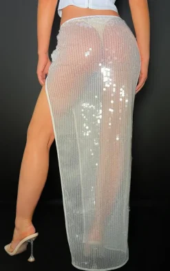 White Sheer Sequin High Thigh Split Maxi Skirt