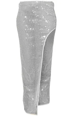 White Sheer Sequin High Thigh Split Maxi Skirt