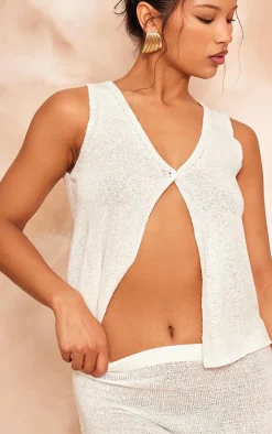 White Sheer Textured Knit Button Front Vest Top