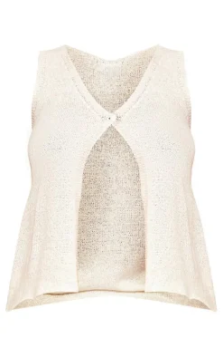 White Sheer Textured Knit Button Front Vest Top