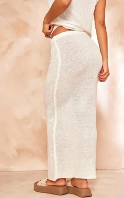 White Sheer Textured Knit Low Rise Maxi Skirt