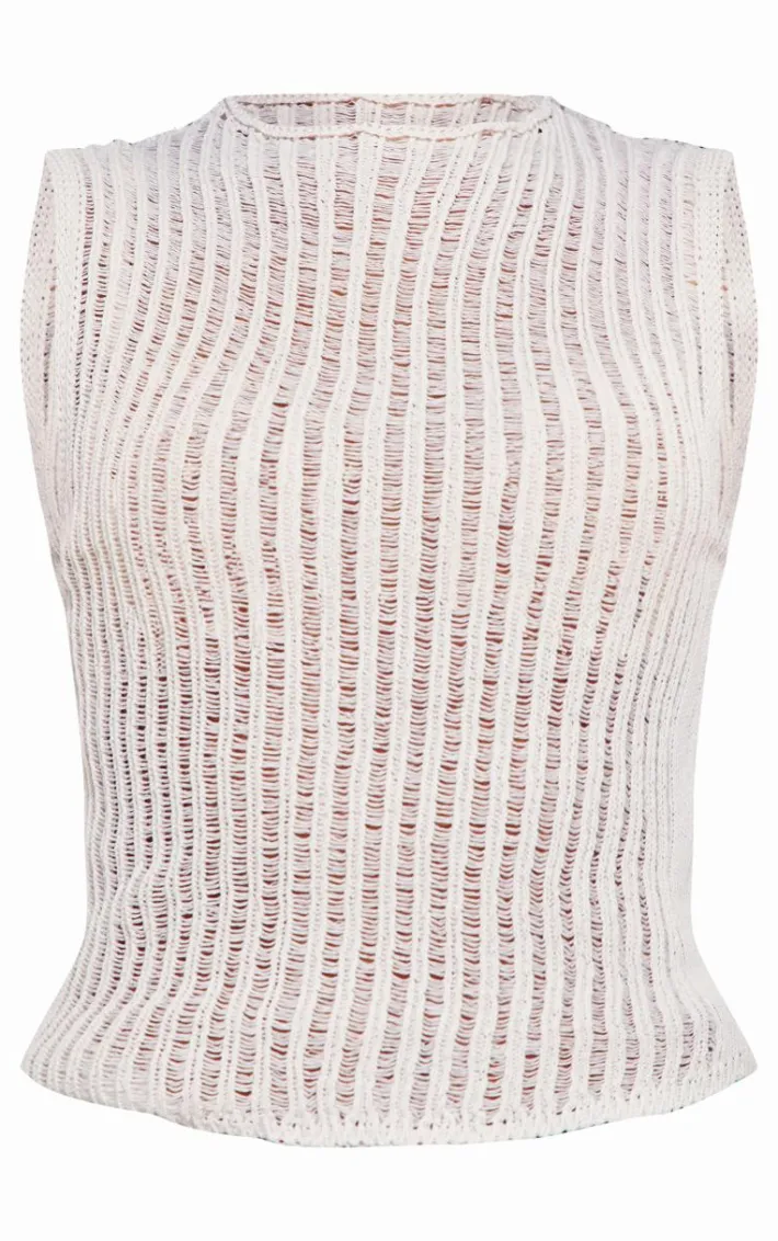 White Sheer Textured Knit Racer Neck Top