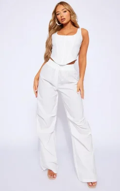 White Shell Toggle Drawstring Ruched Cargo Pants