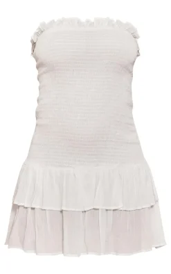 White Shirred Bandeau Bodycon Dress