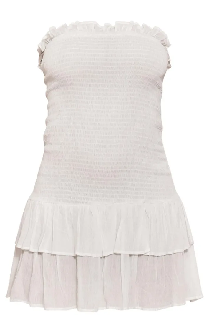 White Shirred Bandeau Bodycon Dress