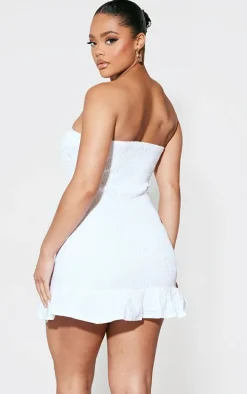 White Shirred Bandeau Lace Up Detail Shift Dress