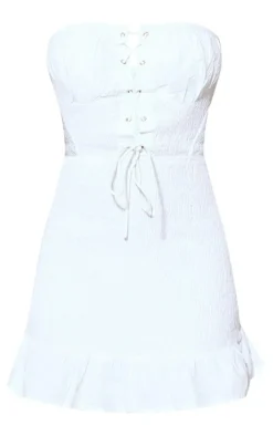 White Shirred Bandeau Lace Up Detail Shift Dress