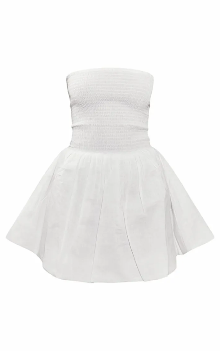White Shirred Bandeau Puff Ball Dress