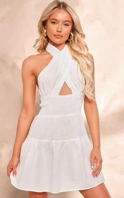 White Shirred Cross Halterneck Shift Dress