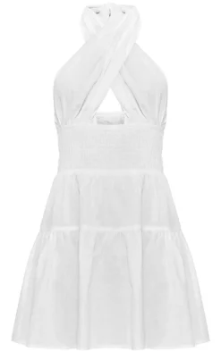 White Shirred Cross Halterneck Shift Dress