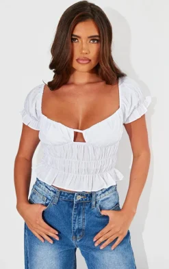 White Shirred Ruched Crop Top