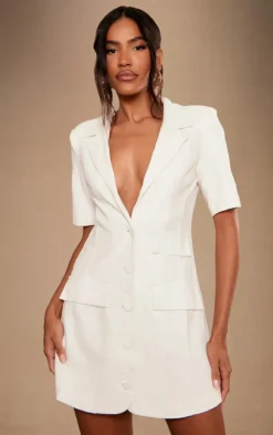 White Short Sleeve Premium Linen Look Blazer Dress