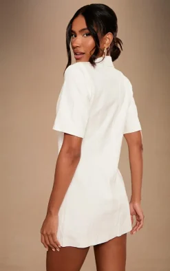 White Short Sleeve Premium Linen Look Blazer Dress