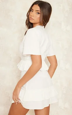 White Short Sleeve Tiered Skirt Shift Dress