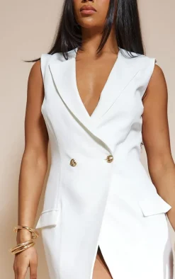 White Sleeveless Gold Button Midi Blazer Dress
