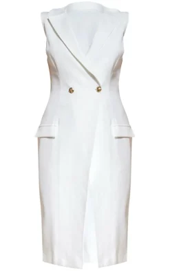 White Sleeveless Gold Button Midi Blazer Dress