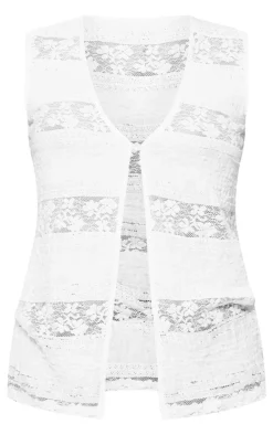 White Sleeveless Textured Lace Vest