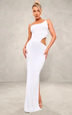 White Slinky Cowl Side Cut Out Detail Strappy Maxi Dress