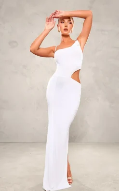 White Slinky Cowl Side Cut Out Detail Strappy Maxi Dress