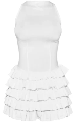 White Slinky Frill Hem Micro Mini Dress