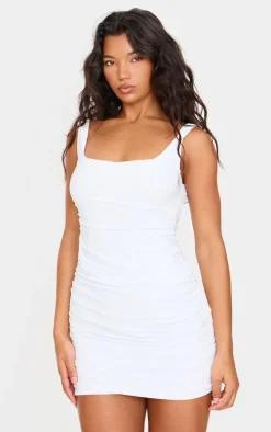 White Slinky Ruched Sleeveless Bodycon Dress