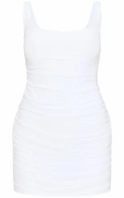 White Slinky Ruched Sleeveless Bodycon Dress