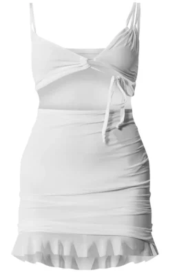 White Slinky Side Cut Out Ruched Frill Hem Mini Dress