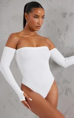 White Snatched Rib Bardot Thumbhole Bodysuit