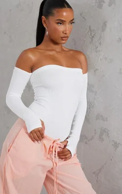 White Snatched Rib Bardot Thumbhole Bodysuit