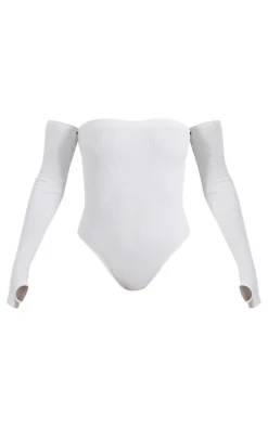 White Snatched Rib Bardot Thumbhole Bodysuit