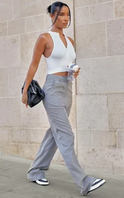 White Snatched Rib High Neck Zip Crop Top