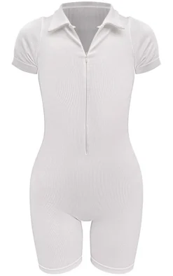White Snatched Rib Polo Unitard