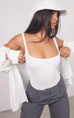 White Snatched Rib Square Neck Sleeveless Bodysuit
