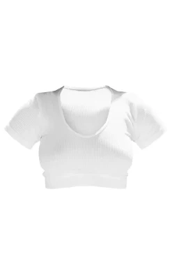 White Snatched Rib V Neck Band Short Sleeve Crop Top