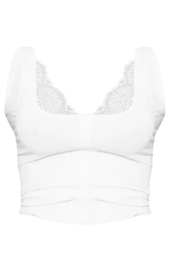 White Snatched Sculpt Lace Trim Button Up Long Top