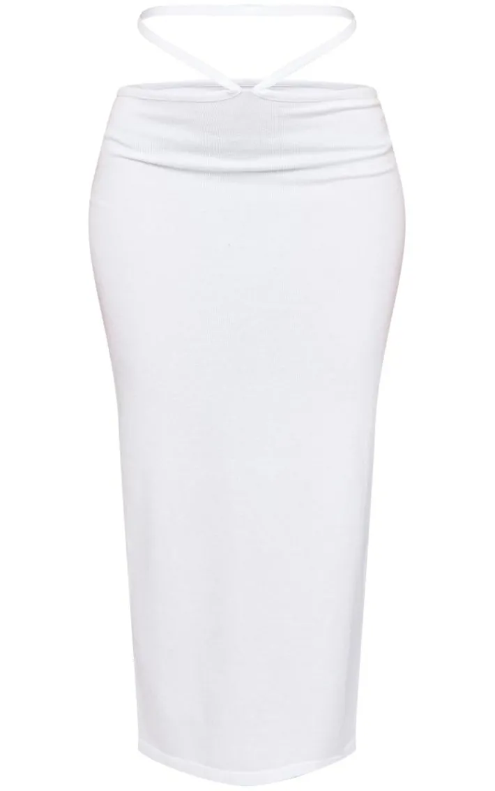 White Soft Knit Waist Tie Midaxi Skirt