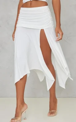 White Soft Touch Ruched Asymmetric Midi Skirt