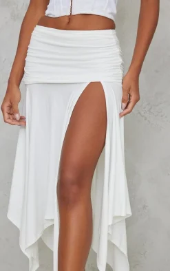 White Soft Touch Ruched Asymmetric Midi Skirt