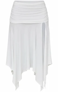 White Soft Touch Ruched Asymmetric Midi Skirt
