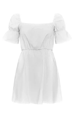White Square Neck Puff Sleeve Shift Dress