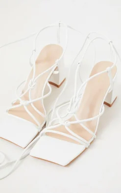 White Square Toe Knotted Lace Up Block Sandals