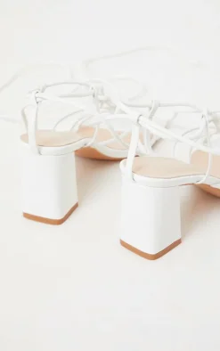 White Square Toe Knotted Lace Up Block Sandals