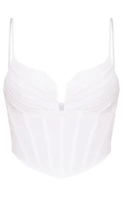 White Strappy Pleated Bust Corset Detail Crop Top