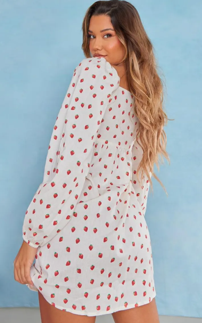 White Strawberry Print Tie Front Shift Dress