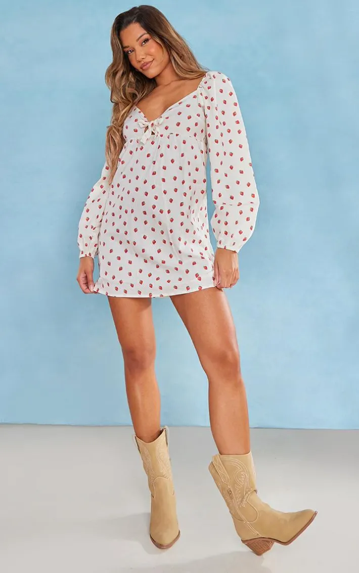 White Strawberry Print Tie Front Shift Dress