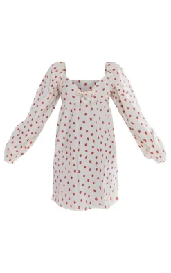 White Strawberry Print Tie Front Shift Dress
