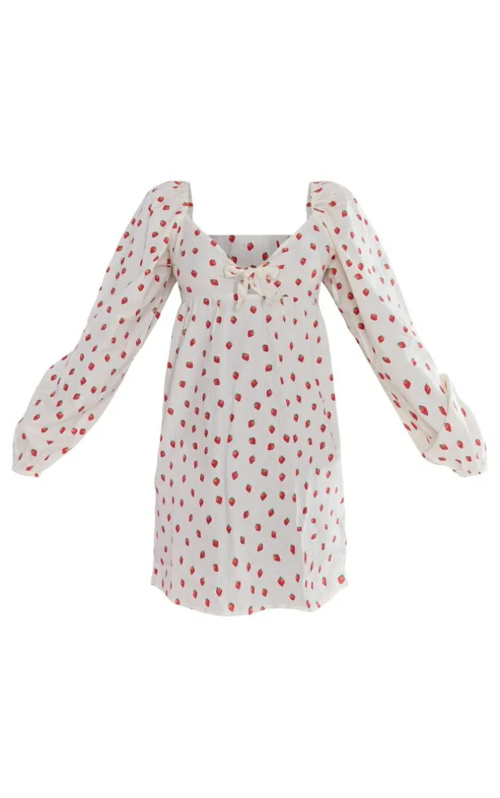 White Strawberry Print Tie Front Shift Dress