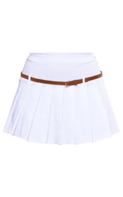 White Stretch Woven Belt Detail Pleated Mini Skirt