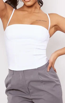 White Stretch Woven Spaghetti Strap Bust Detail Crop Top